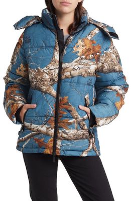 The Very Warm Camo Hooded Puffer Coat in Slate Blue