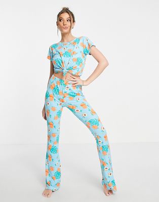 The Wellness Project flared long pajama set in tropical fruit print-Blue