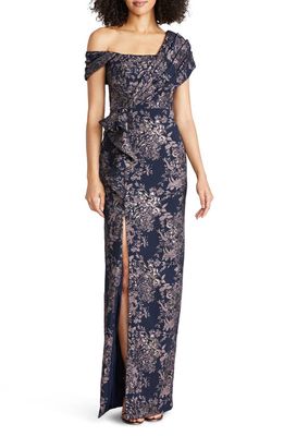 Theia Amaris Floral Jacquard One-Shoulder Gown in Nautical Navy /Rose Gold