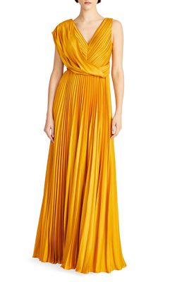 Theia Breanne Pleated Satin Gown in Gold Nectar