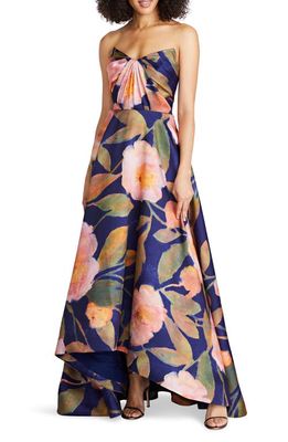 Theia Emilia Floral Print Strapless Mikado Gown in Nocturnal Peonies