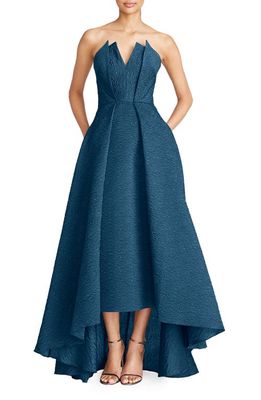 Theia Imogen Texture Strapless High-Low Gown in Moroccan Blue