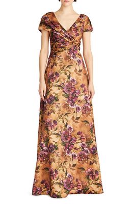 Theia Nina Twist Drape A-Line Gown in Gilded Poppies