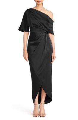 Theia Rayna Drape One-Shoulder Gown in Black