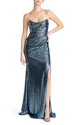 Theia Skye Sequin Strapless Gown in Storm Blue