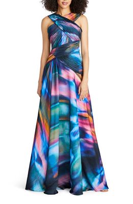 Theia Stacy Abstract Print Crossover Neck Faux Wrap Gown in Luminous Wings