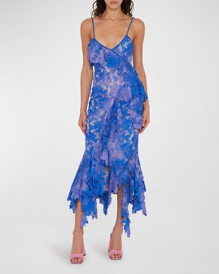 Thelma Ruffle Godet-Hem Lace Midi Dress