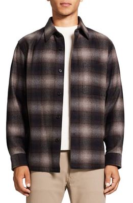 Theory Clyfford Check Recycled Wool Flannel Button-Up Overshirt in Fossil/Mink - 0Wp