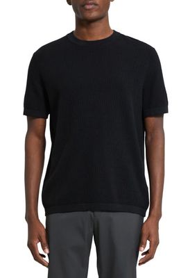 Theory Damian Short Sleeve Ribbed Cotton Sweater in Black