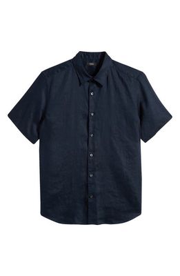 Theory Irving Solid Short Sleeve Linen Button-Up Shirt in Baltic - Xhx