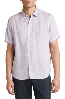 Theory Irving Solid Short Sleeve Linen Button-Up Shirt in Misty Haze - 193