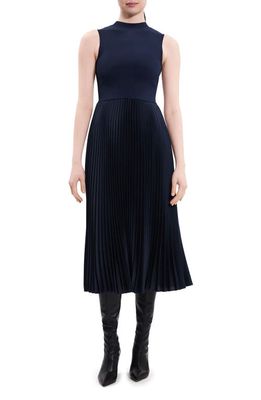 Theory Mixed Media Pleated Midi Dress in Nocturne Navy