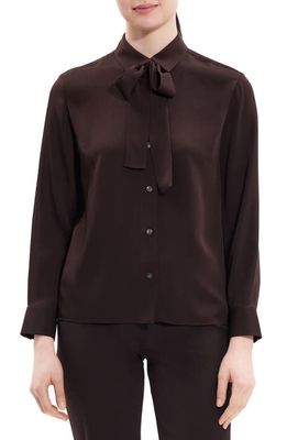Theory Moder Tie Neck Silk Button-Up Blouse in Mink