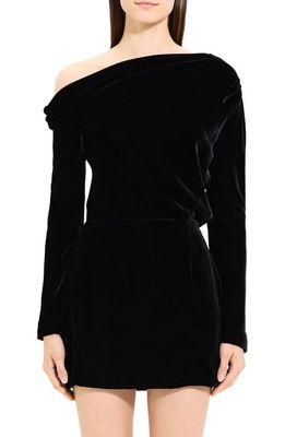 Theory One-Shoulder Long Sleeve Stretch Velvet Minidress in Black
