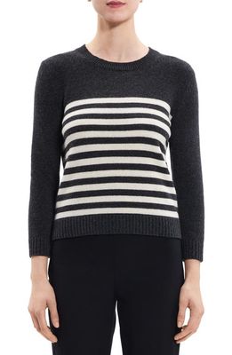 Theory Shrunken Stripe Wool & Cashmere Sweater in Charcoal/Ivory