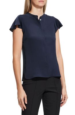 Theory Tp Mod Flounce Sleeve Silk Blouse in Nocturne Navy