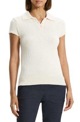 Theory Wave Bo Cap Sleeve Cotton & Merino Wool Polo Sweater in Off White