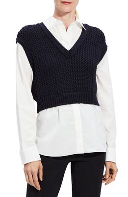 Theory Woven Shirt with Knit Vest in Navy/White
