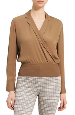 Theory Wrap Front Silk Blouse in Truffle - D1A