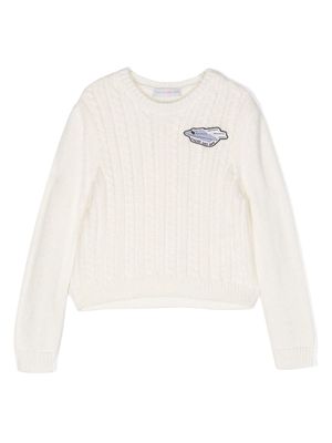 There Was One Kids logo-patch cable-knit jumper - White