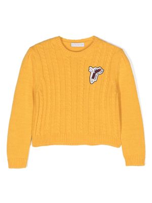 There Was One Kids logo-patch cable-knit jumper - Yellow