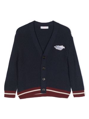 There Was One Kids logo-patch ribbed V-neck cardigan - Blue