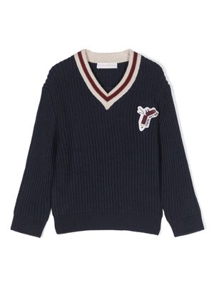 There Was One Kids logo-patch ribbed V-neck jumper - Blue