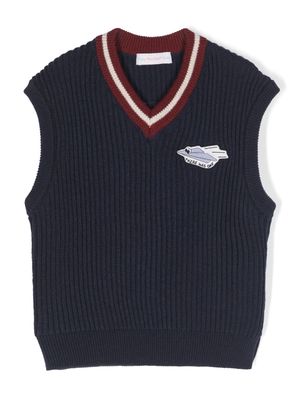 There Was One Kids logo-patch ribbed V-neck vest - Blue