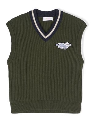 There Was One Kids logo-patch ribbed V-neck vest - Green