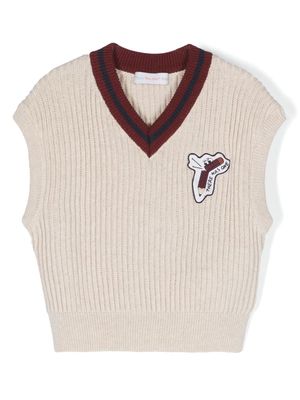 There Was One Kids logo-patch ribbed V-neck vest - Neutrals