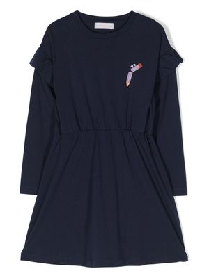 There Was One Kids logo-print ruffled cotton dress - Blue