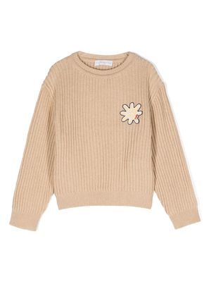 There Was One Kids Sun-patch ribbed crew-neck jumper - Neutrals