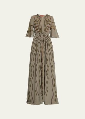Thessaly Botanical-Print Maxi Silk Dress