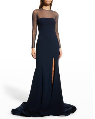 Thigh-Slit Silk Crepe Illusion Gown