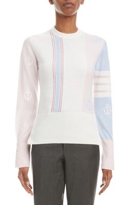 Thom Browne 4-Bar Anchor Intarsia Colorblock Crewneck Cashmere Sweater in Light Pink