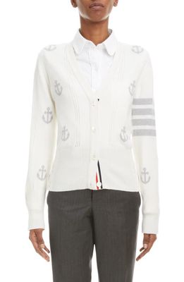 Thom Browne 4-Bar Anchor Intarsia V-Neck Cashmere Cardigan in White