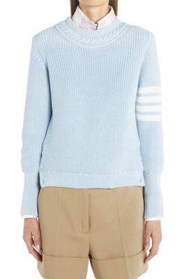 Thom Browne 4-Bar Cable Stitch Trim Cotton Sweater in Light Blue