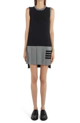 Thom Browne 4-Bar Colorblock Pleated Cotton Shift Sweater Dress in Light Grey