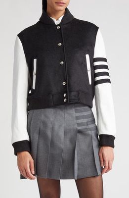 Thom Browne 4-Bar Crop Colorblock Leather Sleeve Cashmere Varsity Jacket in Black