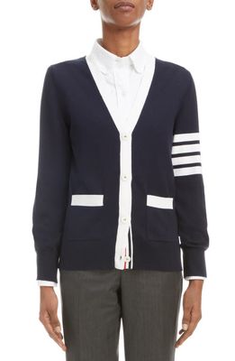 Thom Browne 4-Bar Hector V-Neck Cotton Cardigan in Navy