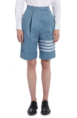 Thom Browne 4-Bar High Waist Pleated Cotton Twill Bermuda Shorts in Dark Blue