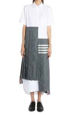 Thom Browne 4-Bar Pleated Asymmetric Mixed Media Wool & Cotton Shirtdress in Medium Grey
