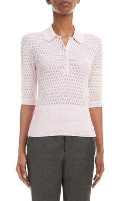 Thom Browne 4-Bar Pointelle Cotton & Silk Polo in Light Pink