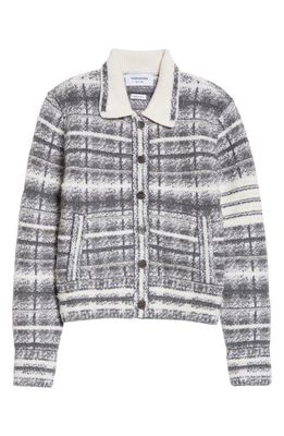 Thom Browne 4-Bar Tartan Wool & Mohair Blend Knit Bomber Jacket in Pale Grey