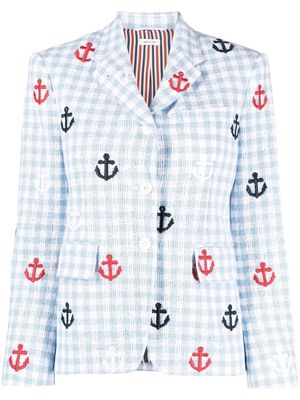 Thom Browne anchor-embroidered gingham bouclé blazer - Blue