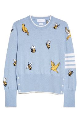 Thom Browne Birds & Bees 4-Bar Wool & Cotton Crewneck Sweater in Light Blue