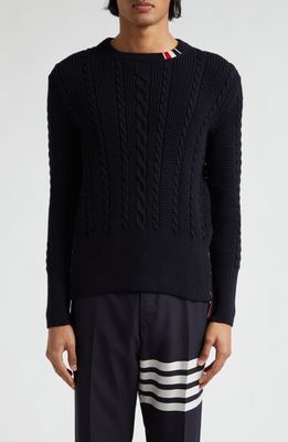 Thom Browne Cable Stitch Virgin Wool Crewneck Sweater in Navy