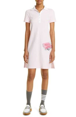 Thom Browne Car Bouclé Patch Embroidered Short Sleeve Silk Piqué Polo Dress in Light Pink