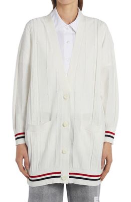 Thom Browne Cricket Stripe Oversize Cotton Cardigan in White
