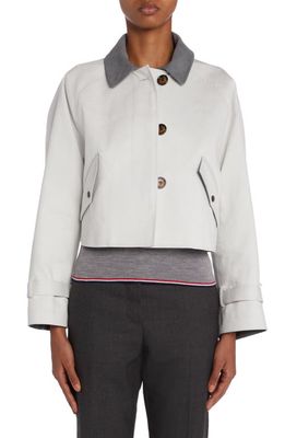 Thom Browne Crop Cotton Car Coat with Removable Tie Detail Hood in White